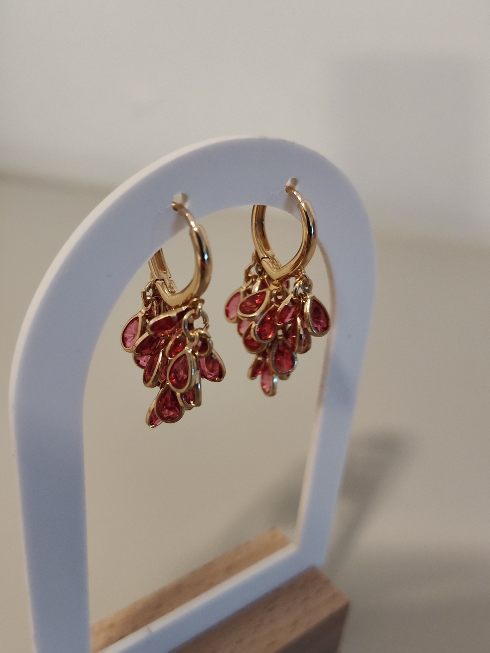 Gold Hoop Earrings with Pink Teardrop Charms